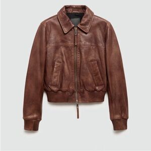 Mango 100% Leather Distressed Bomber Jacket